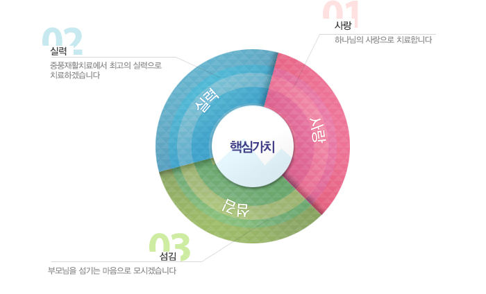 핵심가치 1사랑-하나님의 사랑으로 치료합니다, 핵심가치 2실력-중풍재활치료에서 최고의 실력으로 치료하겠습니다, 핵심가치 3섬김-부모님을 섬기는 마음으로 모시겠습니다.